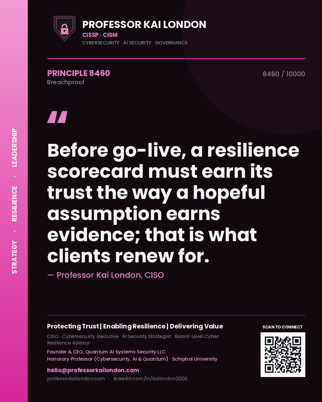 Quote card by Professor Kai London reading 'Before go-live, a resilience scorecard must earn its trust the way a hopeful assumption earns evidence; that is what clients renew for.'. From the book Breachproof.