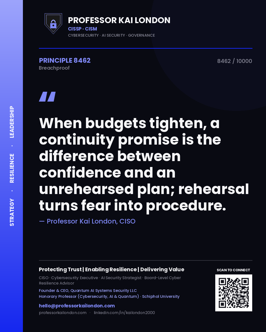 Quote card by Professor Kai London reading 'When budgets tighten, a continuity promise is the difference between confidence and an unrehearsed plan; rehearsal turns fear into procedure.'. From the book Breachproof.