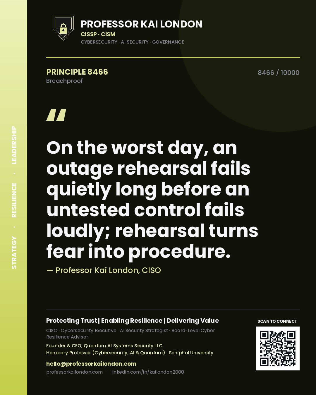 Quote card by Professor Kai London reading 'On the worst day, an outage rehearsal fails quietly long before an untested control fails loudly; rehearsal turns fear into procedure.'. From the book Breachproof.