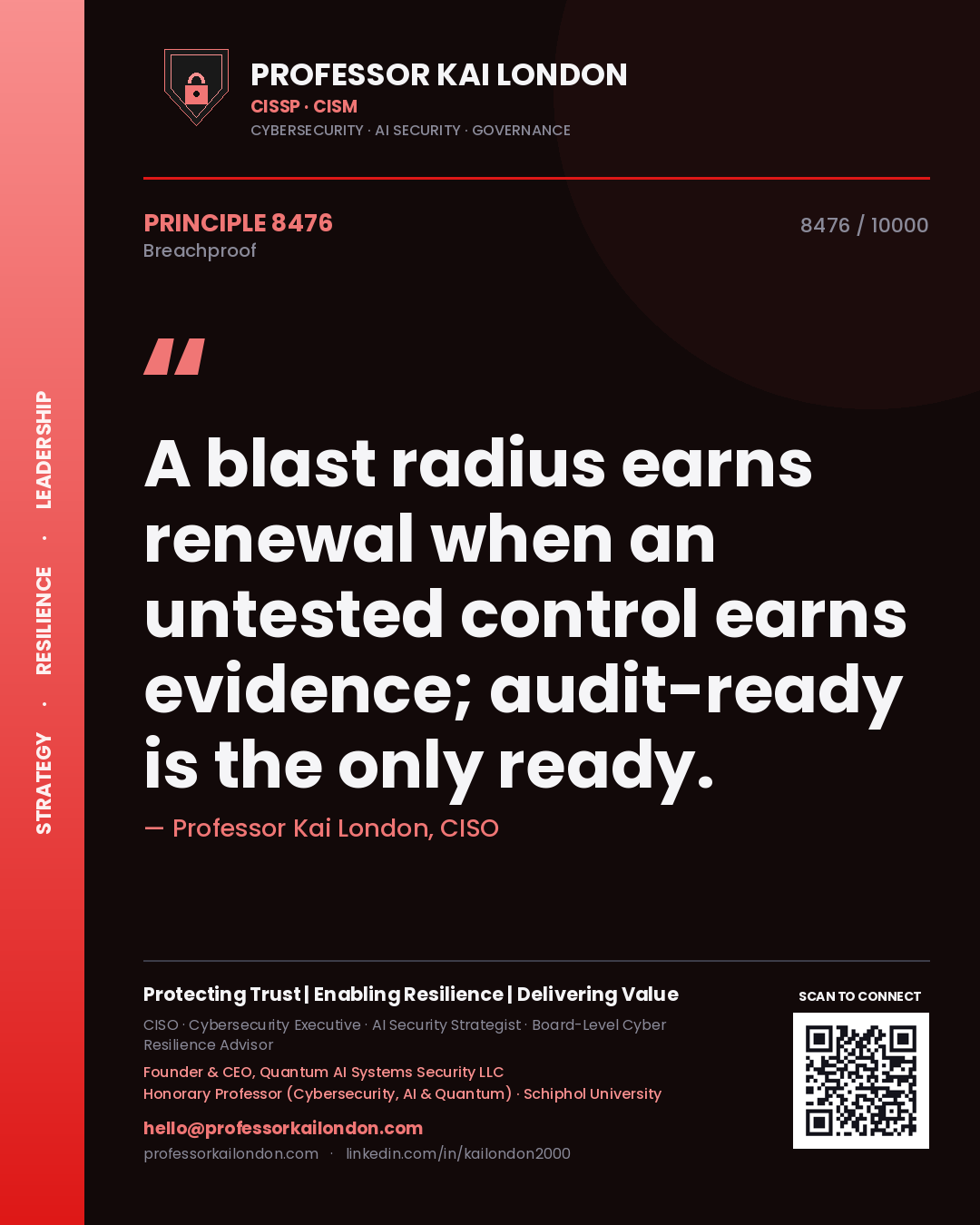 Quote card by Professor Kai London reading 'A blast radius earns renewal when an untested control earns evidence; audit-ready is the only ready.'. From the book Breachproof.