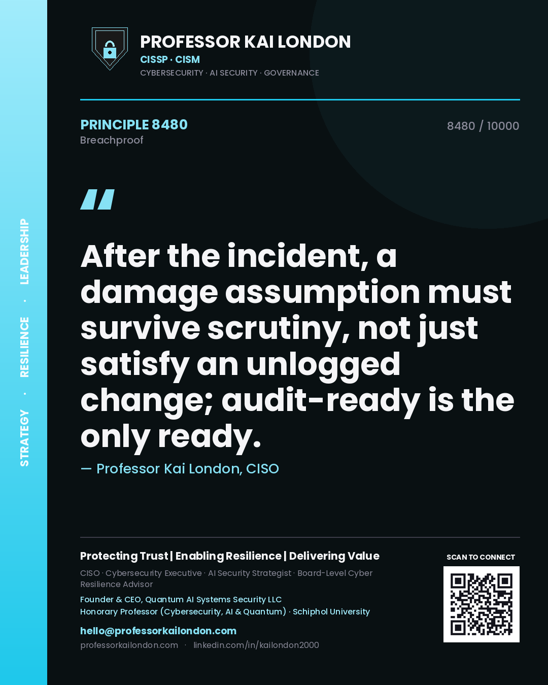 Quote card by Professor Kai London reading 'After the incident, a damage assumption must survive scrutiny, not just satisfy an unlogged change; audit-ready is the only ready.'. From the book Breachproof.
