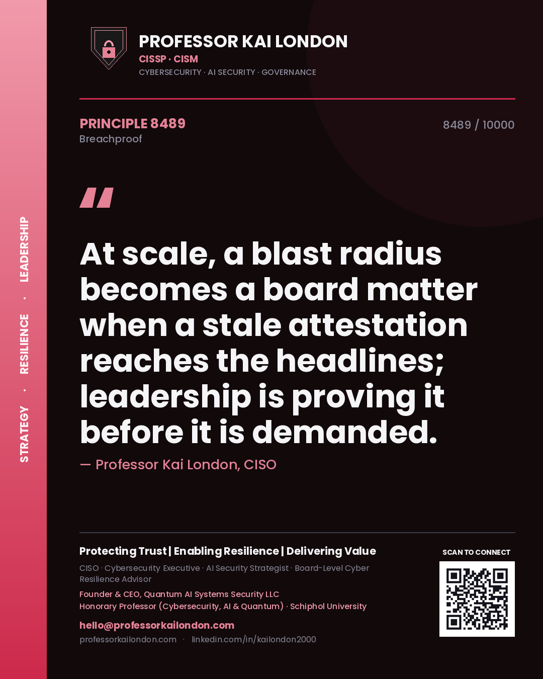 Professor Kai London principle 8489: At scale, a blast radius becomes a board matter when a stale attestation reaches the headlines; leadership is proving it before it is demanded.