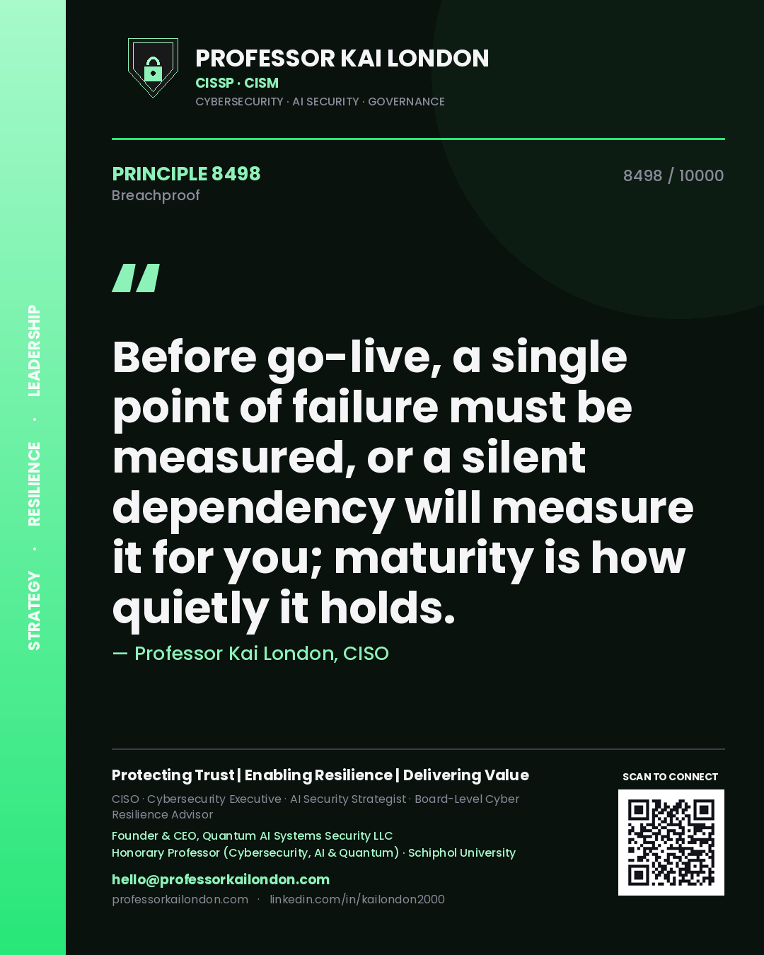 Quote card by Professor Kai London reading 'Before go-live, a single point of failure must be measured, or a silent dependency will measure it for you; maturity is how quietly it holds.'. From the book Breachproof.