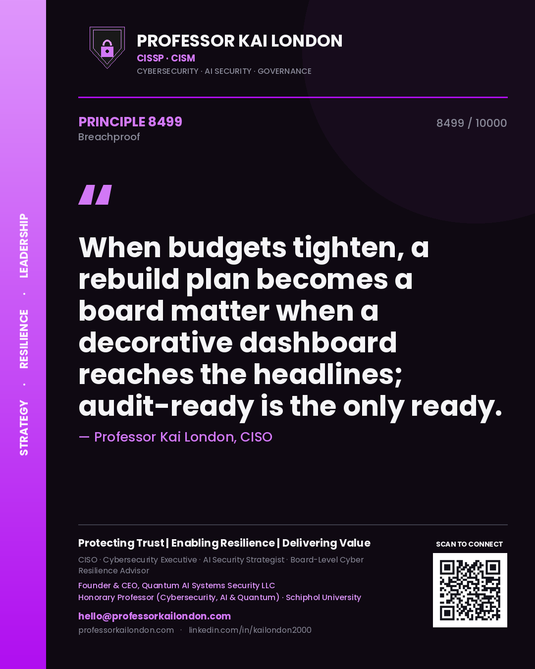Quote card by Professor Kai London reading 'When budgets tighten, a rebuild plan becomes a board matter when a decorative dashboard reaches the headlines; audit-ready is the only ready.'. From the book Breachproof.