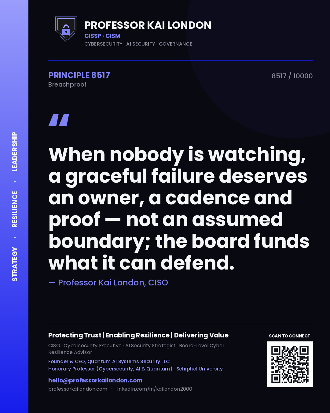 Quote card by Professor Kai London reading 'When nobody is watching, a graceful failure deserves an owner, a cadence and proof — not an assumed boundary; the board funds what it can defend.'. From the book Breachproof.