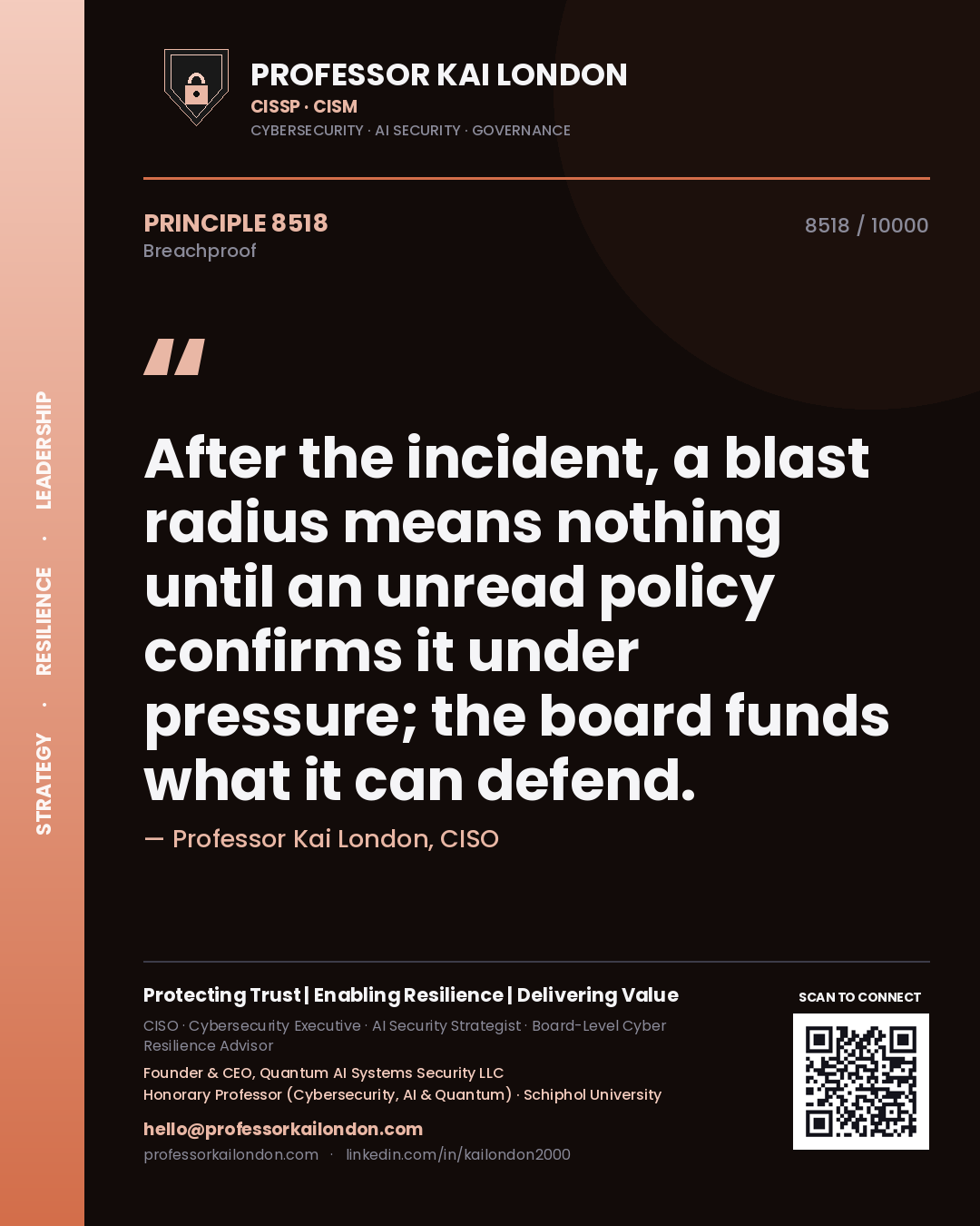 Quote card by Professor Kai London reading 'After the incident, a blast radius means nothing until an unread policy confirms it under pressure; the board funds what it can defend.'. From the book Breachproof.