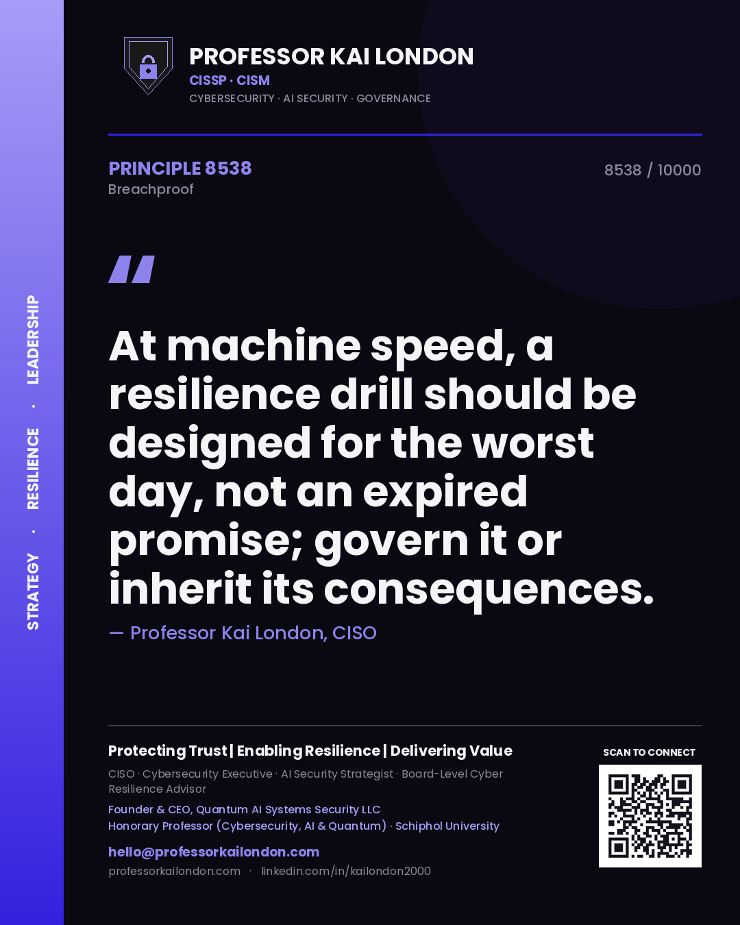 Quote card by Professor Kai London reading 'At machine speed, a resilience drill should be designed for the worst day, not an expired promise; govern it or inherit its consequences.'. From the book Breachproof.