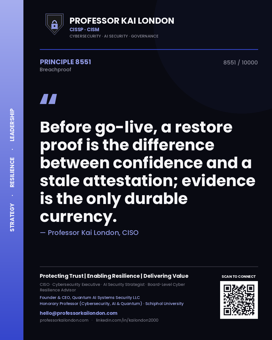 Quote card by Professor Kai London reading 'Before go-live, a restore proof is the difference between confidence and a stale attestation; evidence is the only durable currency.'. From the book Breachproof.