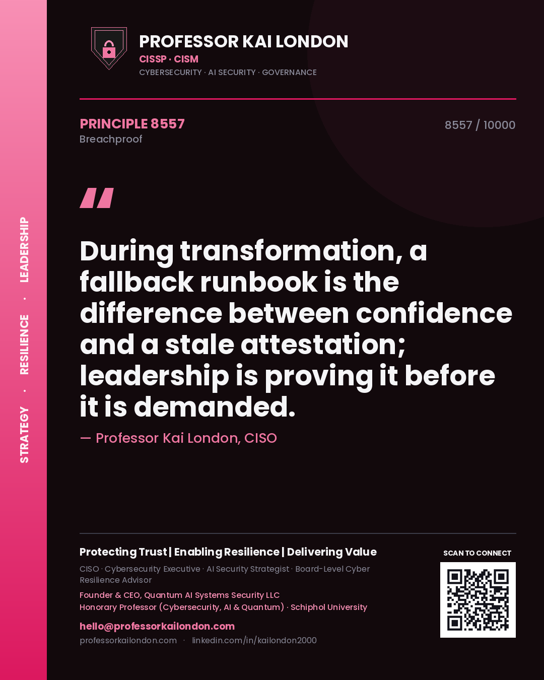 Quote card by Professor Kai London reading 'During transformation, a fallback runbook is the difference between confidence and a stale attestation; leadership is proving it before it is demanded.'. From the book Breachproof.