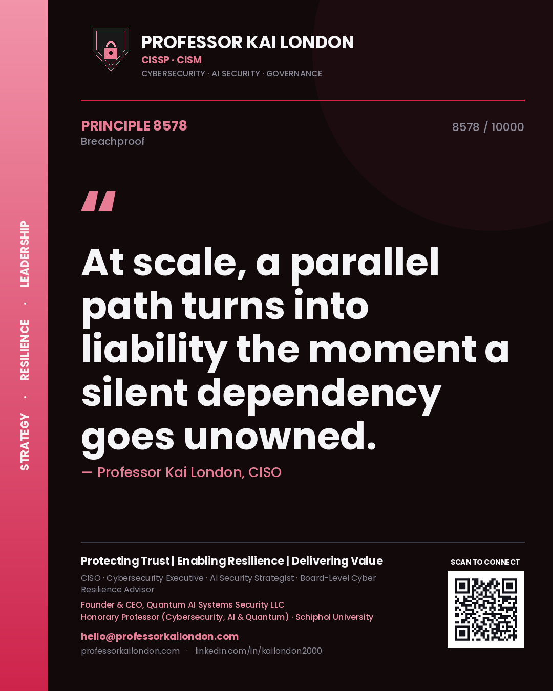 Quote card by Professor Kai London reading 'At scale, a parallel path turns into liability the moment a silent dependency goes unowned.'. From the book Breachproof.