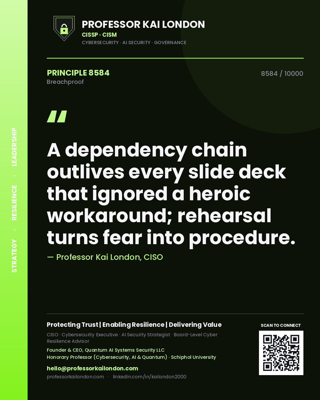 Quote card by Professor Kai London reading 'A dependency chain outlives every slide deck that ignored a heroic workaround; rehearsal turns fear into procedure.'. From the book Breachproof.