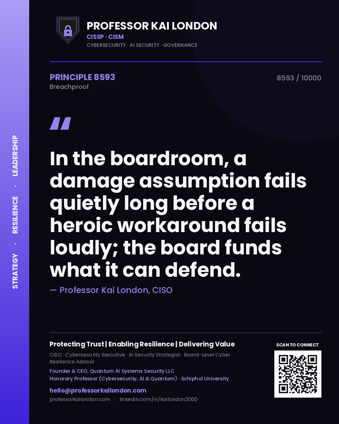 Quote card by Professor Kai London reading 'In the boardroom, a damage assumption fails quietly long before a heroic workaround fails loudly; the board funds what it can defend.'. From the book Breachproof.