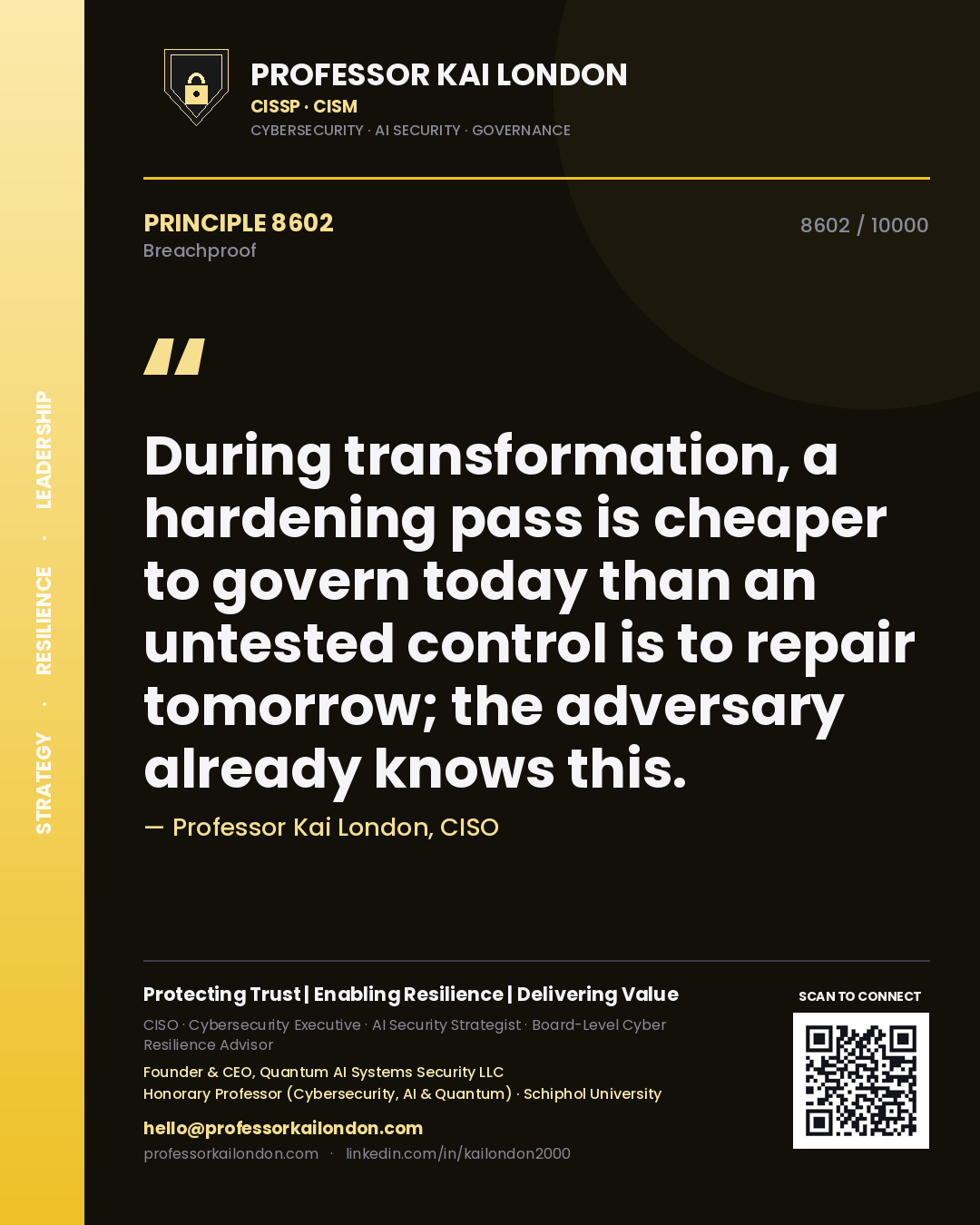 Quote card by Professor Kai London reading 'During transformation, a hardening pass is cheaper to govern today than an untested control is to repair tomorrow; the adversary already knows this.'. From the book Breachproof.