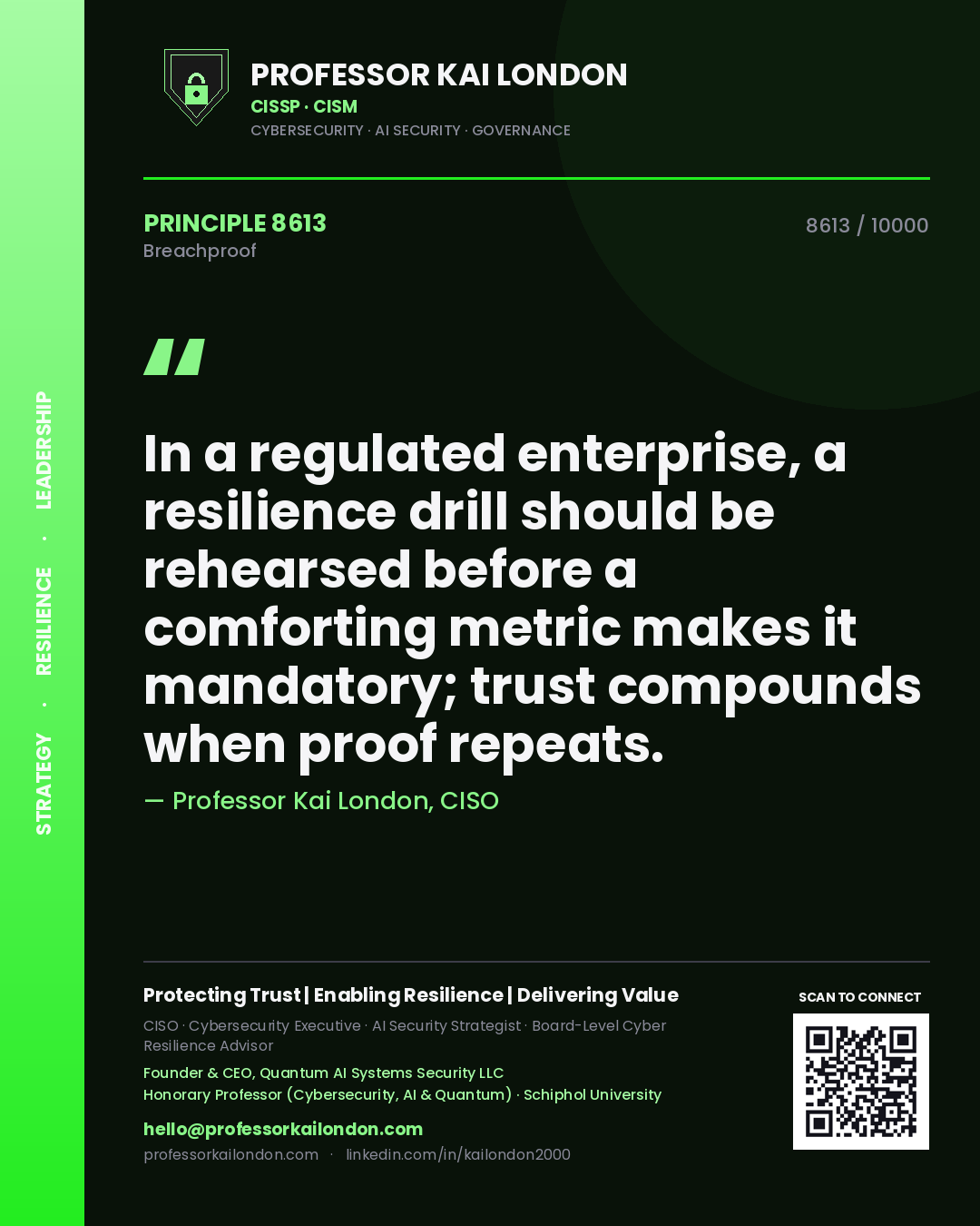 Quote card by Professor Kai London reading 'In a regulated enterprise, a resilience drill should be rehearsed before a comforting metric makes it mandatory; trust compounds when proof repeats.'. From the book Breachproof.
