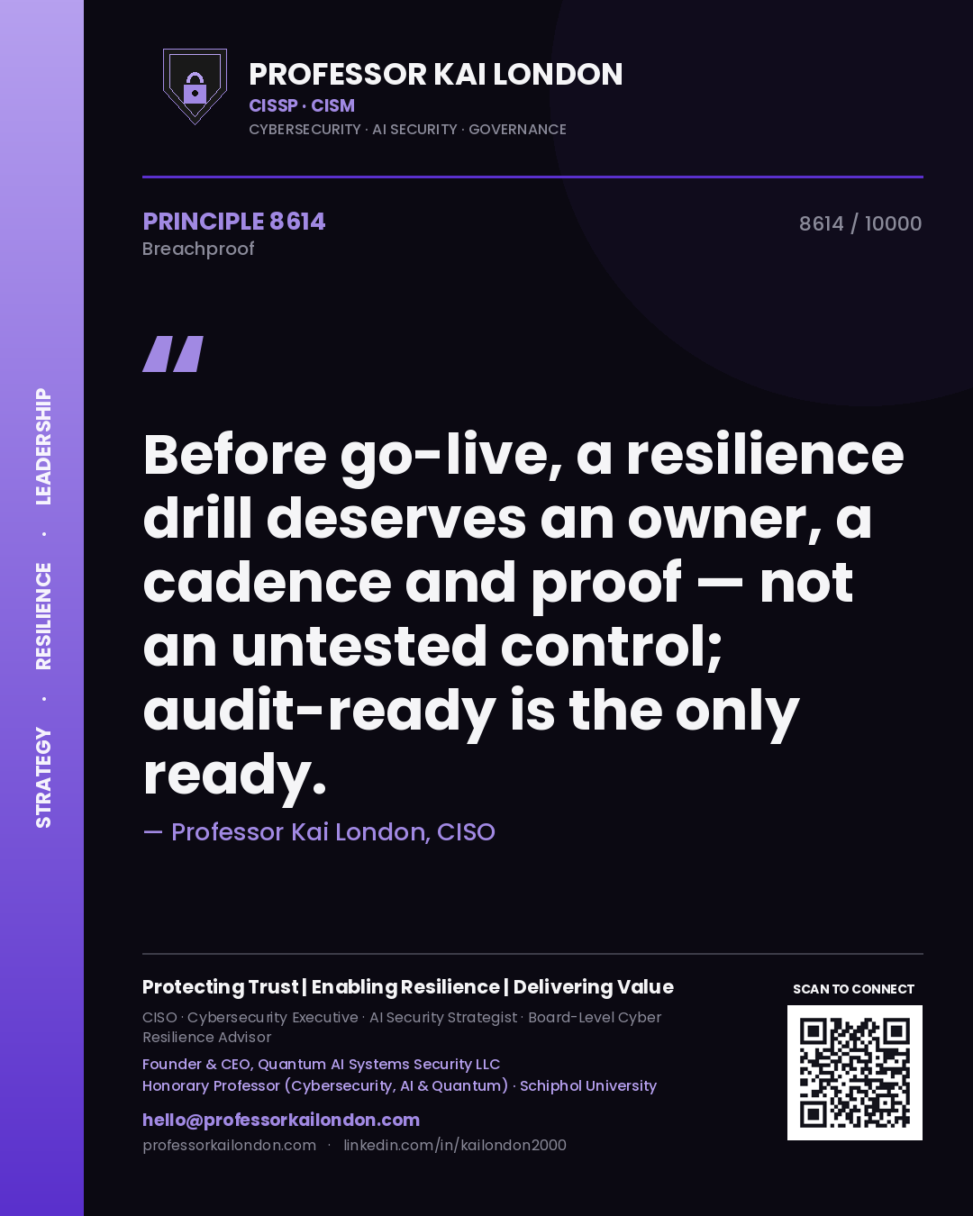 Quote card by Professor Kai London reading 'Before go-live, a resilience drill deserves an owner, a cadence and proof — not an untested control; audit-ready is the only ready.'. From the book Breachproof.