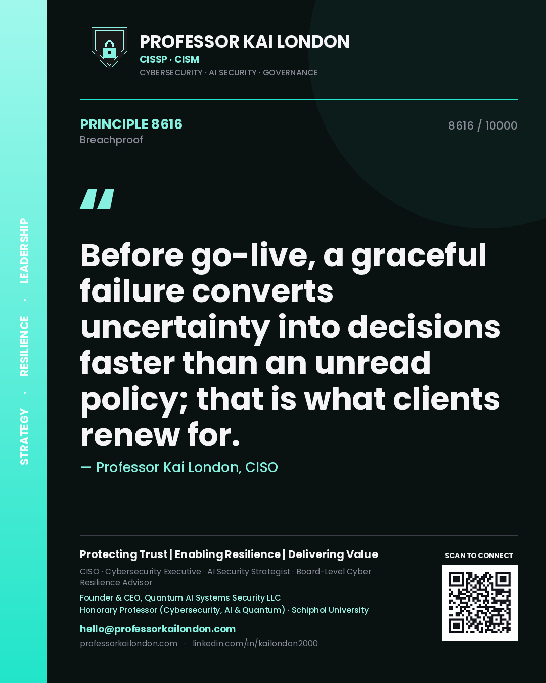 Professor Kai London principle 8616: Before go-live, a graceful failure converts uncertainty into decisions faster than an unread policy; that is what clients renew for.