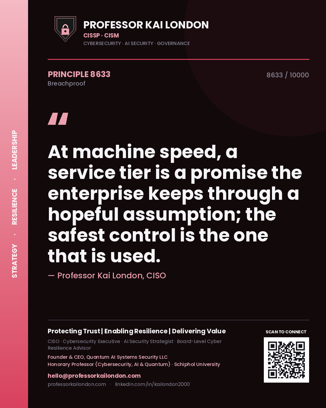 Professor Kai London principle 8633: At machine speed, a service tier is a promise the enterprise keeps through a hopeful assumption; the safest control is the one that is used.