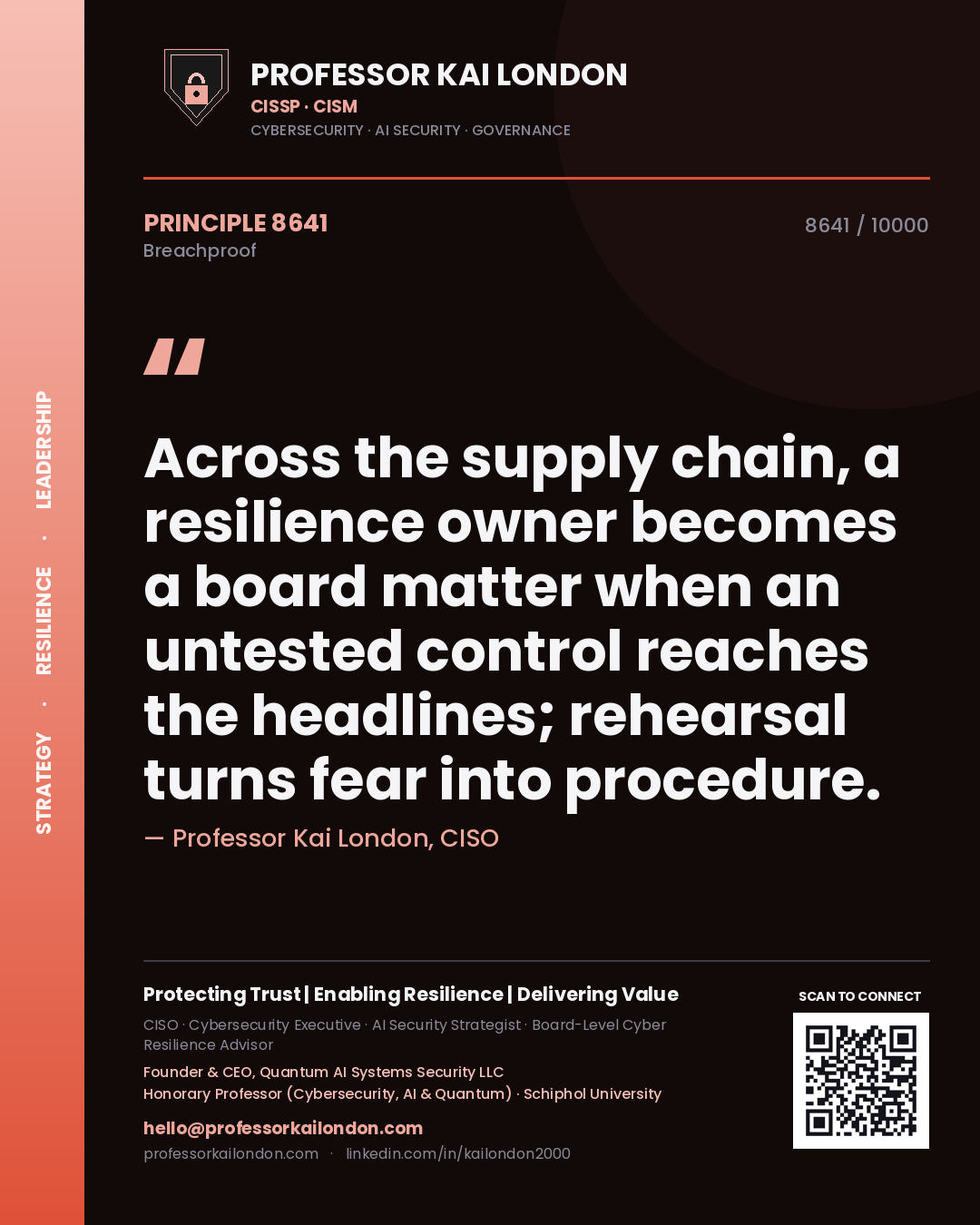 Quote card by Professor Kai London reading 'Across the supply chain, a resilience owner becomes a board matter when an untested control reaches the headlines; rehearsal turns fear into procedure.'. From the book Breachproof.