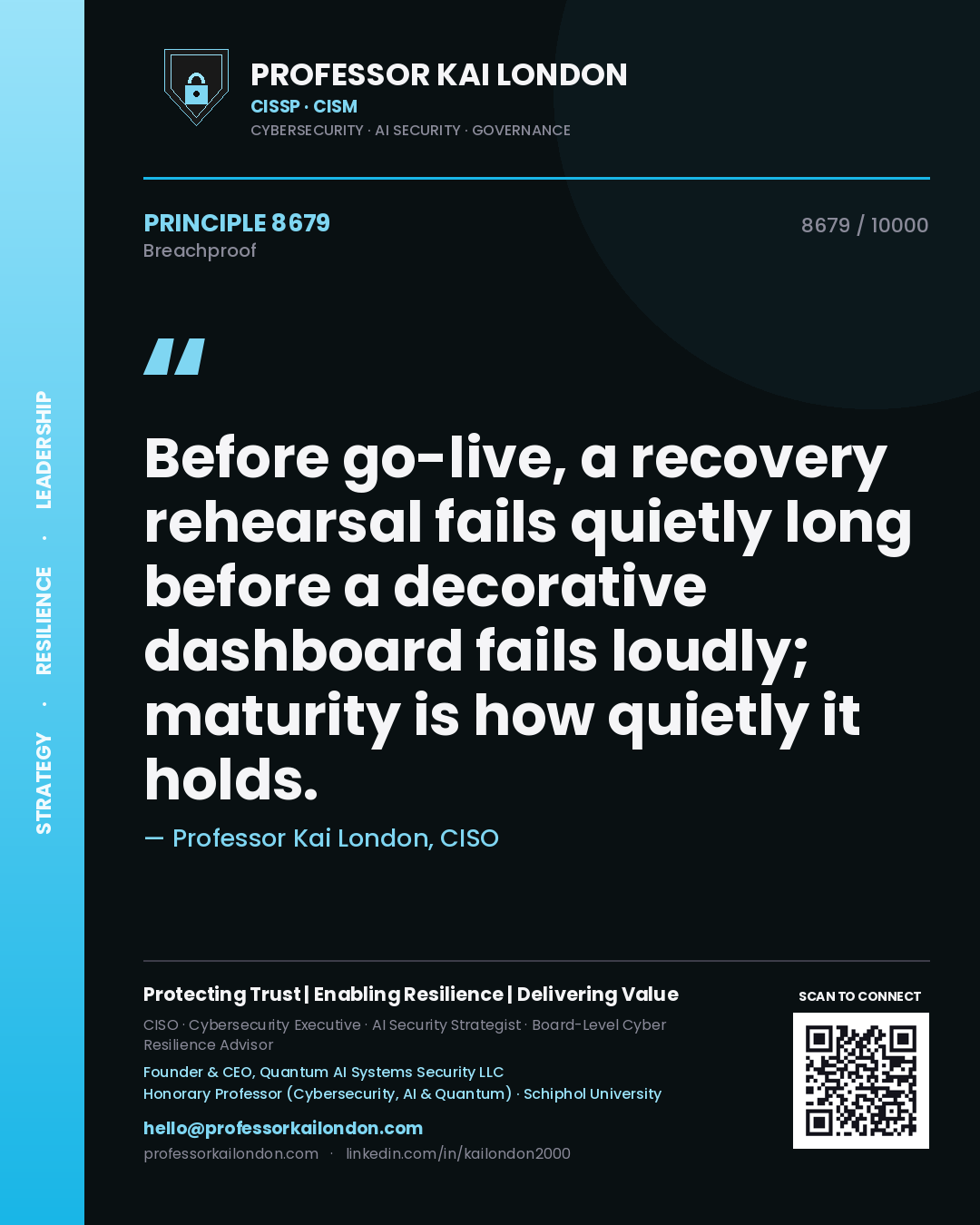 Quote card by Professor Kai London reading 'Before go-live, a recovery rehearsal fails quietly long before a decorative dashboard fails loudly; maturity is how quietly it holds.'. From the book Breachproof.