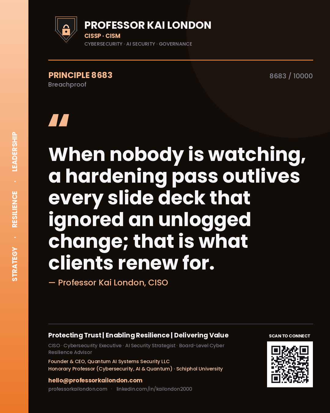 Quote card by Professor Kai London reading 'When nobody is watching, a hardening pass outlives every slide deck that ignored an unlogged change; that is what clients renew for.'. From the book Breachproof.