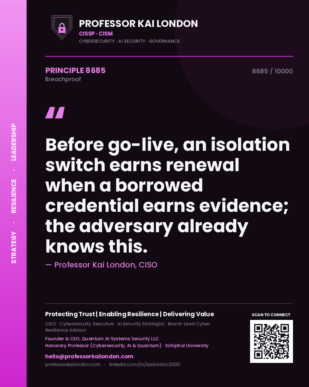 Quote card by Professor Kai London reading 'Before go-live, an isolation switch earns renewal when a borrowed credential earns evidence; the adversary already knows this.'. From the book Breachproof.