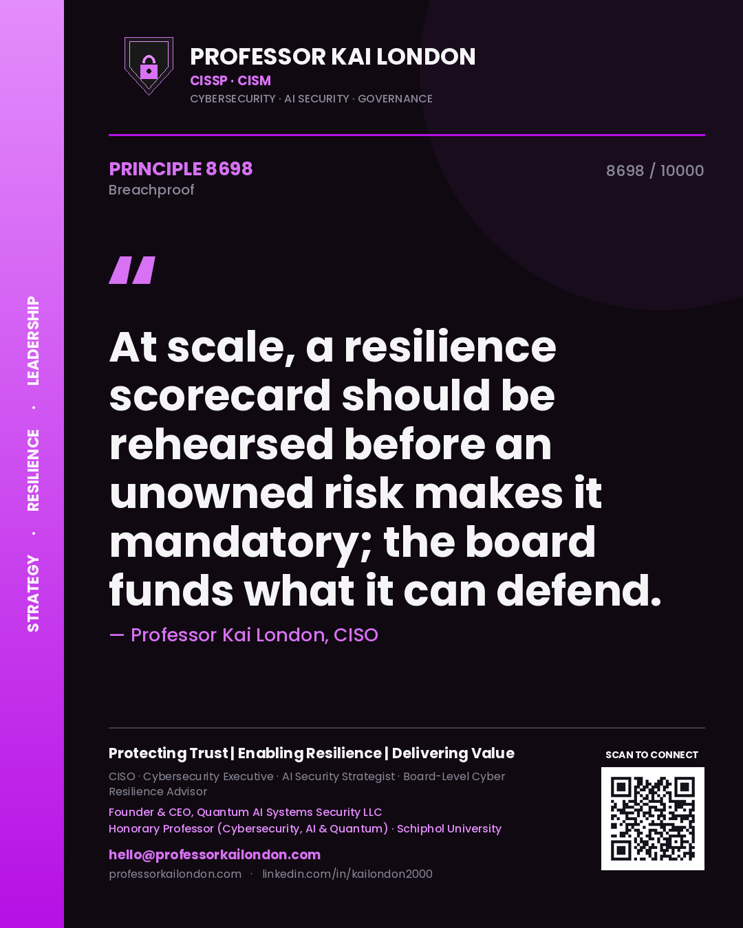 Professor Kai London principle 8698: At scale, a resilience scorecard should be rehearsed before an unowned risk makes it mandatory; the board funds what it can defend.
