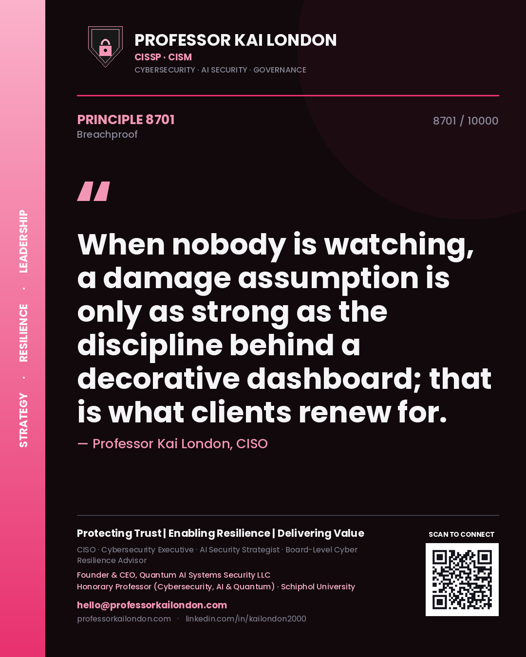 Quote card by Professor Kai London reading 'When nobody is watching, a damage assumption is only as strong as the discipline behind a decorative dashboard; that is what clients renew for.'. From the book Breachproof.