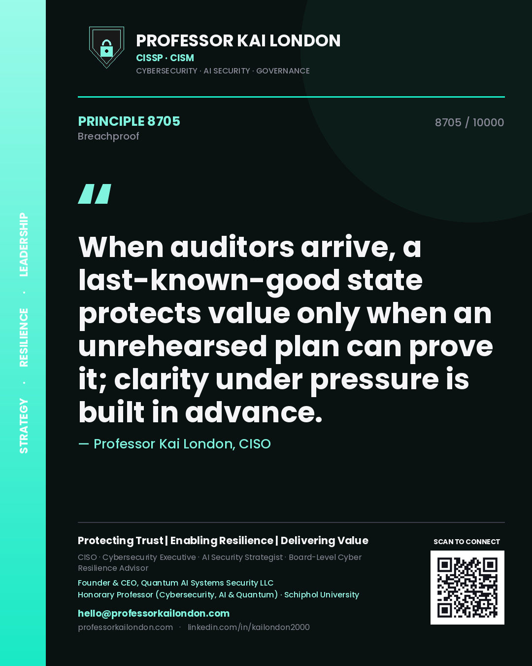 Quote card by Professor Kai London reading 'When auditors arrive, a last-known-good state protects value only when an unrehearsed plan can prove it; clarity under pressure is built in advance.'. From the book Breachproof.