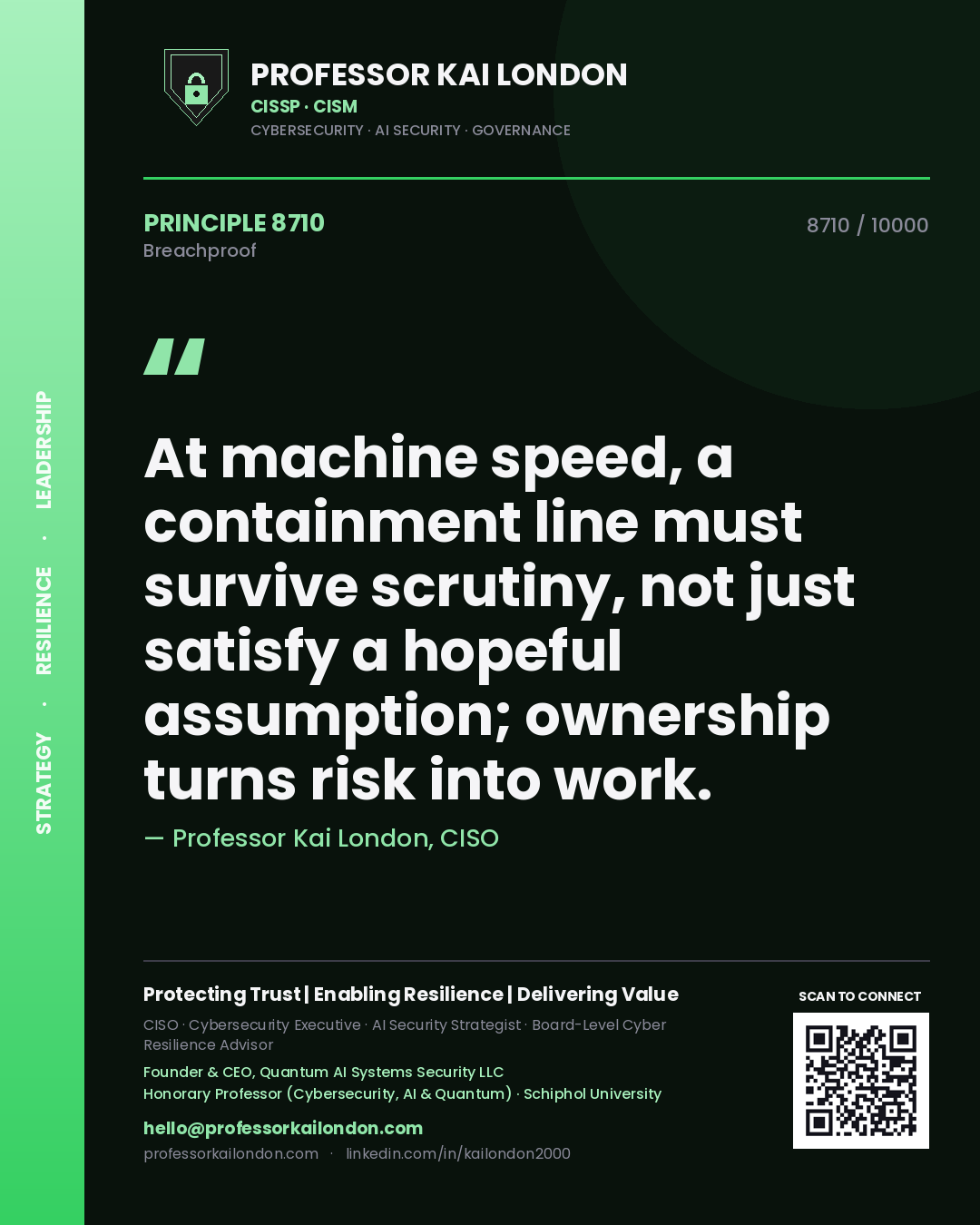 Professor Kai London principle 8710: At machine speed, a containment line must survive scrutiny, not just satisfy a hopeful assumption; ownership turns risk into work.