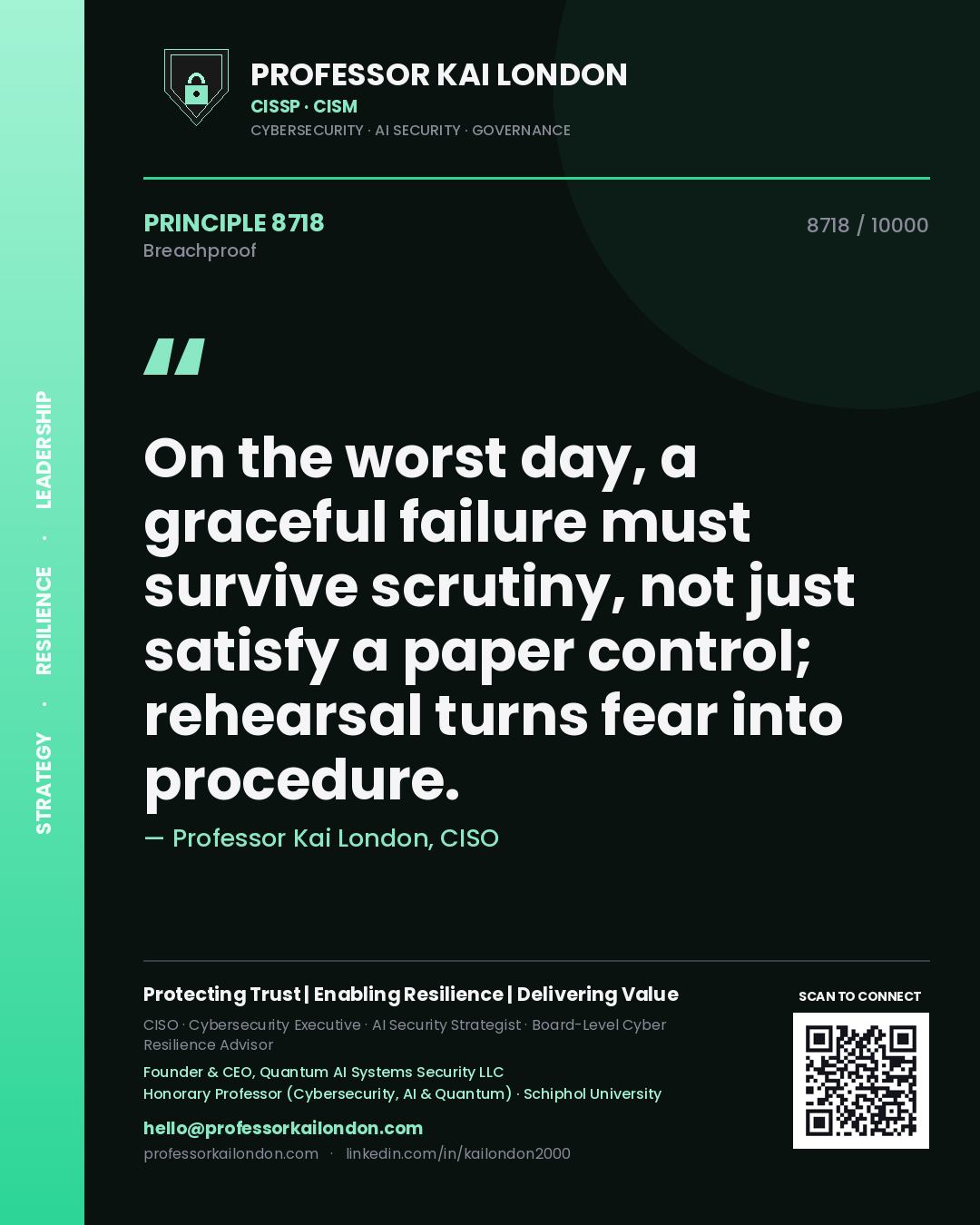 Professor Kai London principle 8718: On the worst day, a graceful failure must survive scrutiny, not just satisfy a paper control; rehearsal turns fear into procedure.