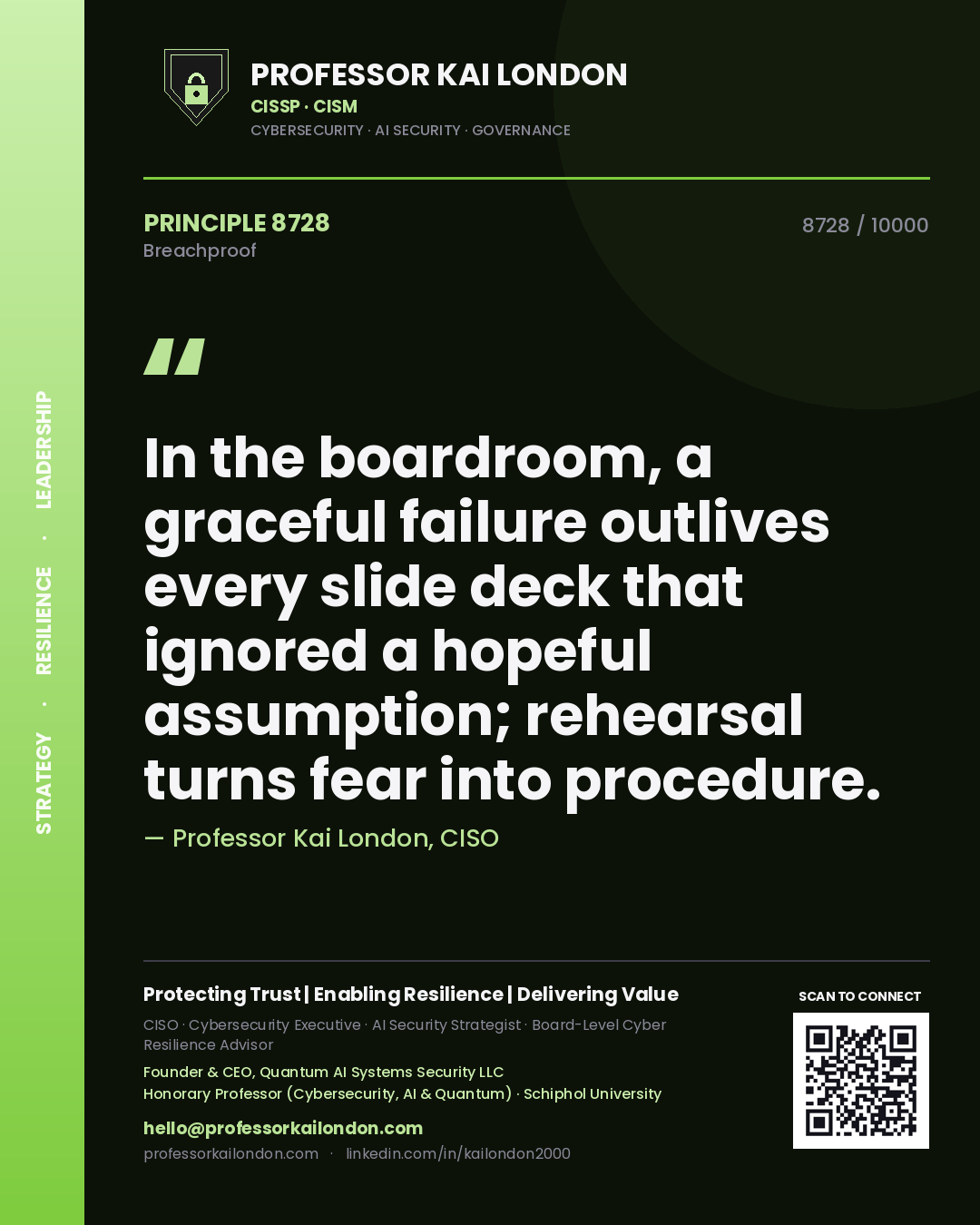 Quote card by Professor Kai London reading 'In the boardroom, a graceful failure outlives every slide deck that ignored a hopeful assumption; rehearsal turns fear into procedure.'. From the book Breachproof.