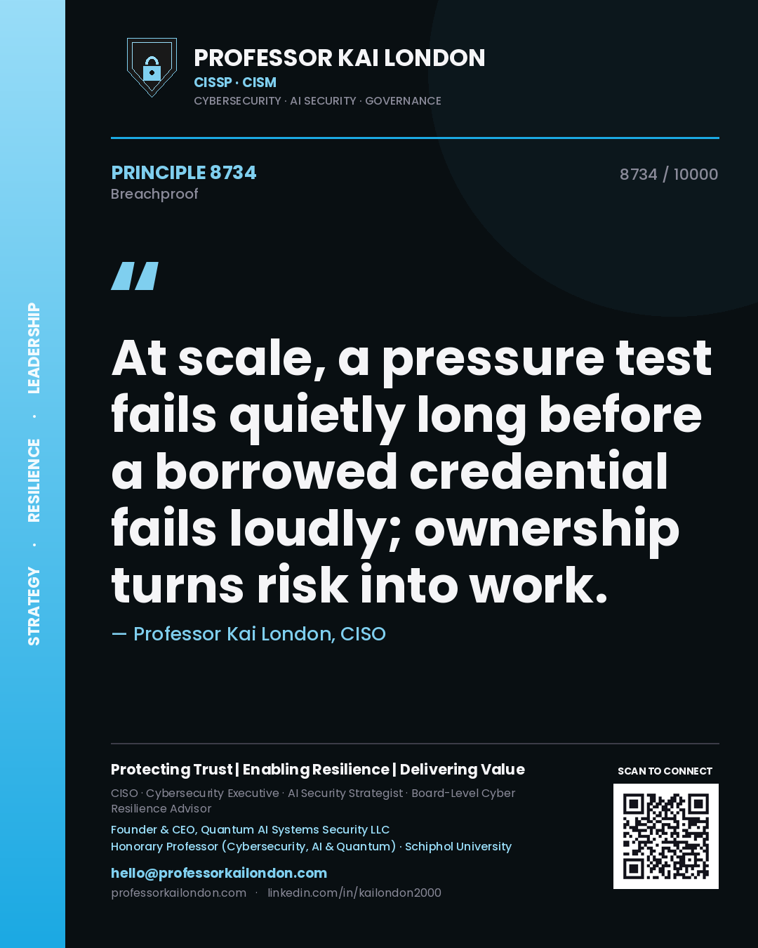 Quote card by Professor Kai London reading 'At scale, a pressure test fails quietly long before a borrowed credential fails loudly; ownership turns risk into work.'. From the book Breachproof.