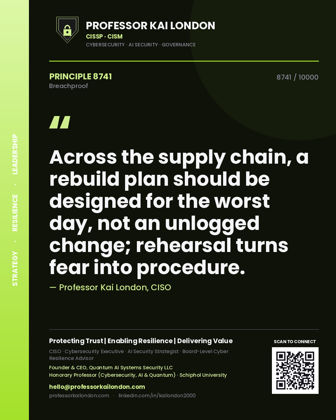 Professor Kai London principle 8741: Across the supply chain, a rebuild plan should be designed for the worst day, not an unlogged change; rehearsal turns fear into procedure.