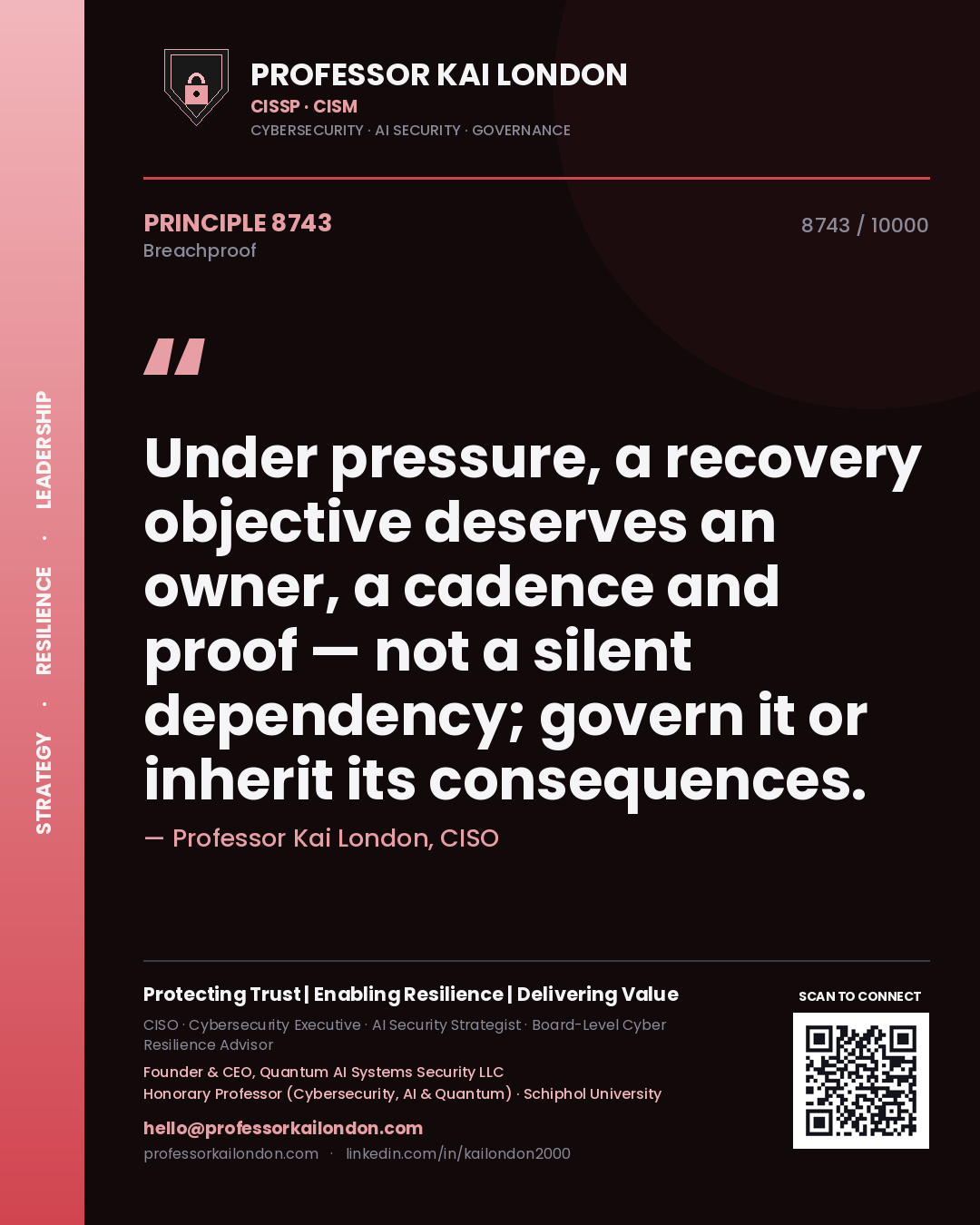 Professor Kai London principle 8743: Under pressure, a recovery objective deserves an owner, a cadence and proof — not a silent dependency; govern it or inherit its consequences.