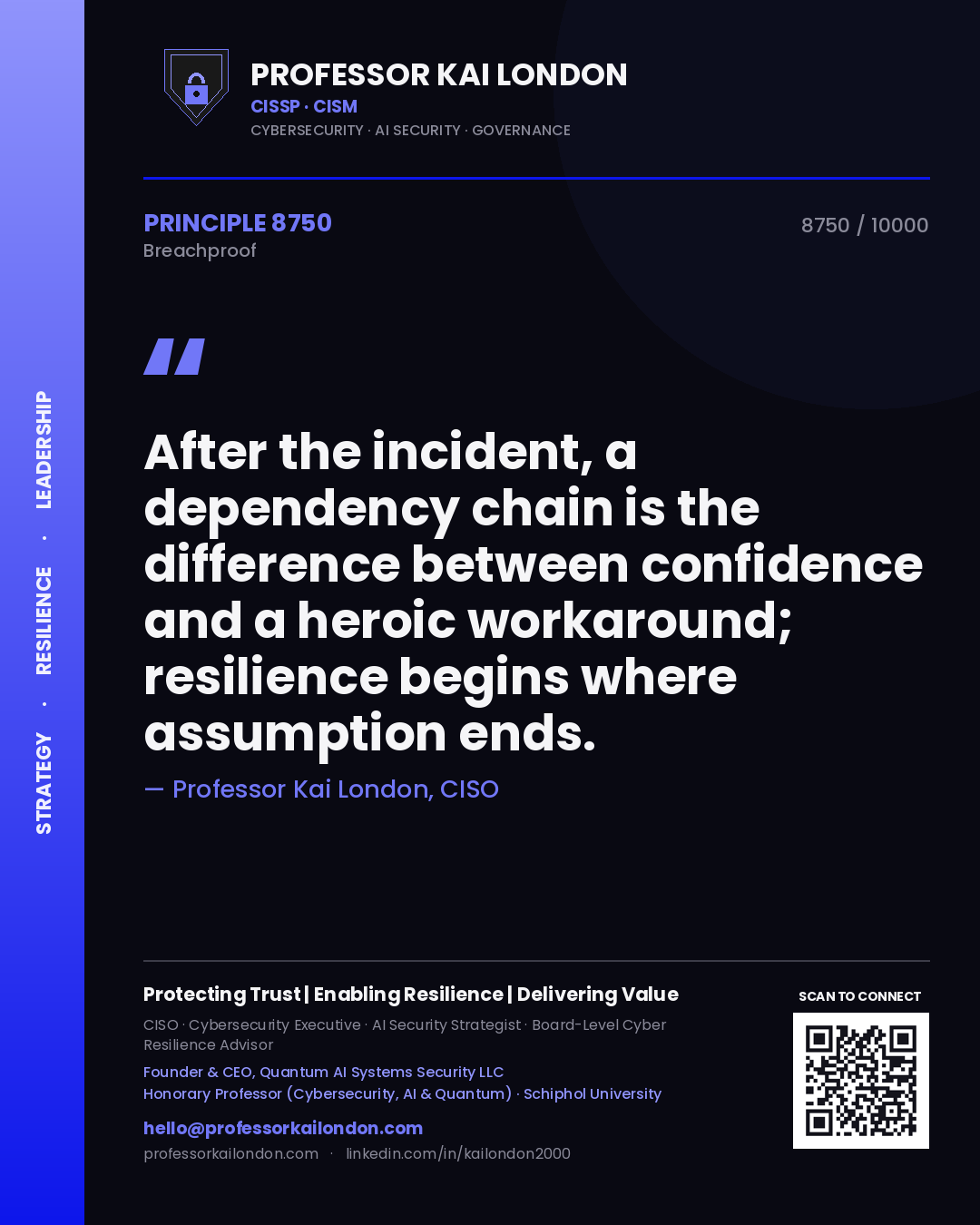Quote card by Professor Kai London reading 'After the incident, a dependency chain is the difference between confidence and a heroic workaround; resilience begins where assumption ends.'. From the book Breachproof.