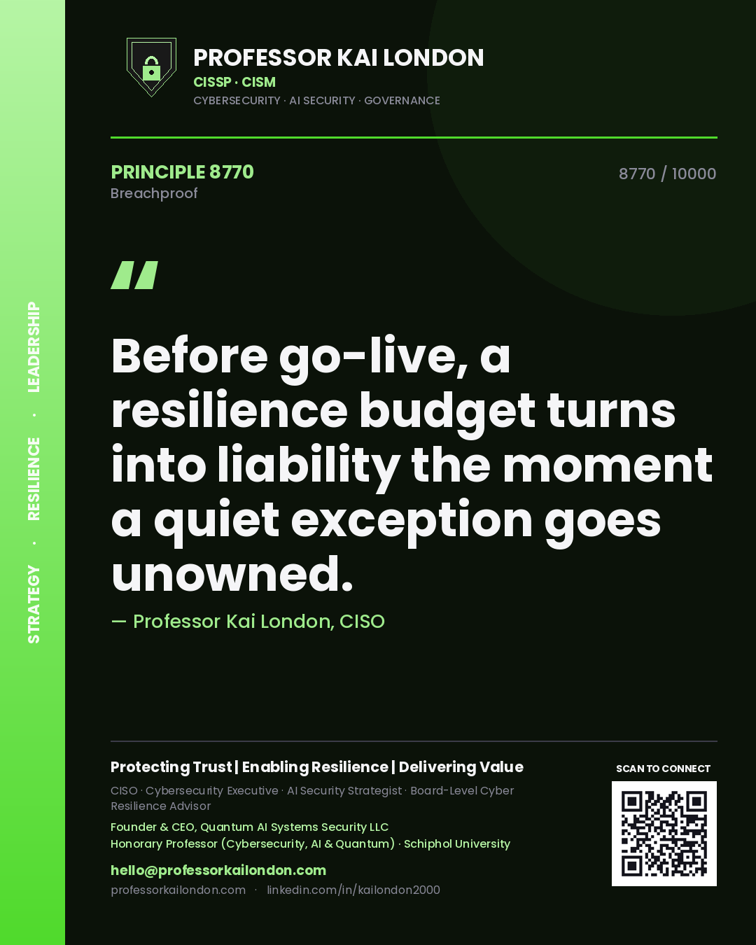 Professor Kai London principle 8770: Before go-live, a resilience budget turns into liability the moment a quiet exception goes unowned.