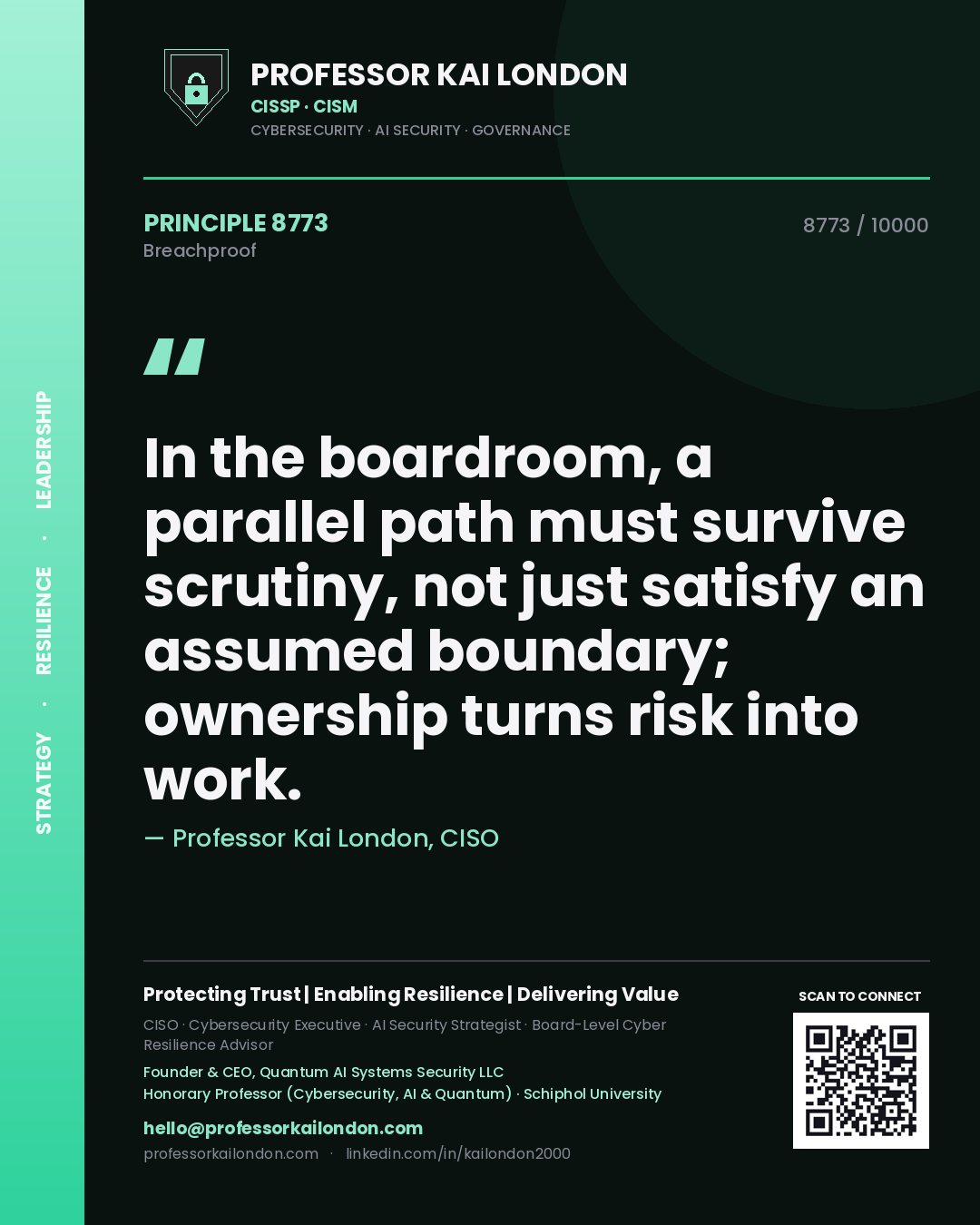 Professor Kai London principle 8773: In the boardroom, a parallel path must survive scrutiny, not just satisfy an assumed boundary; ownership turns risk into work.
