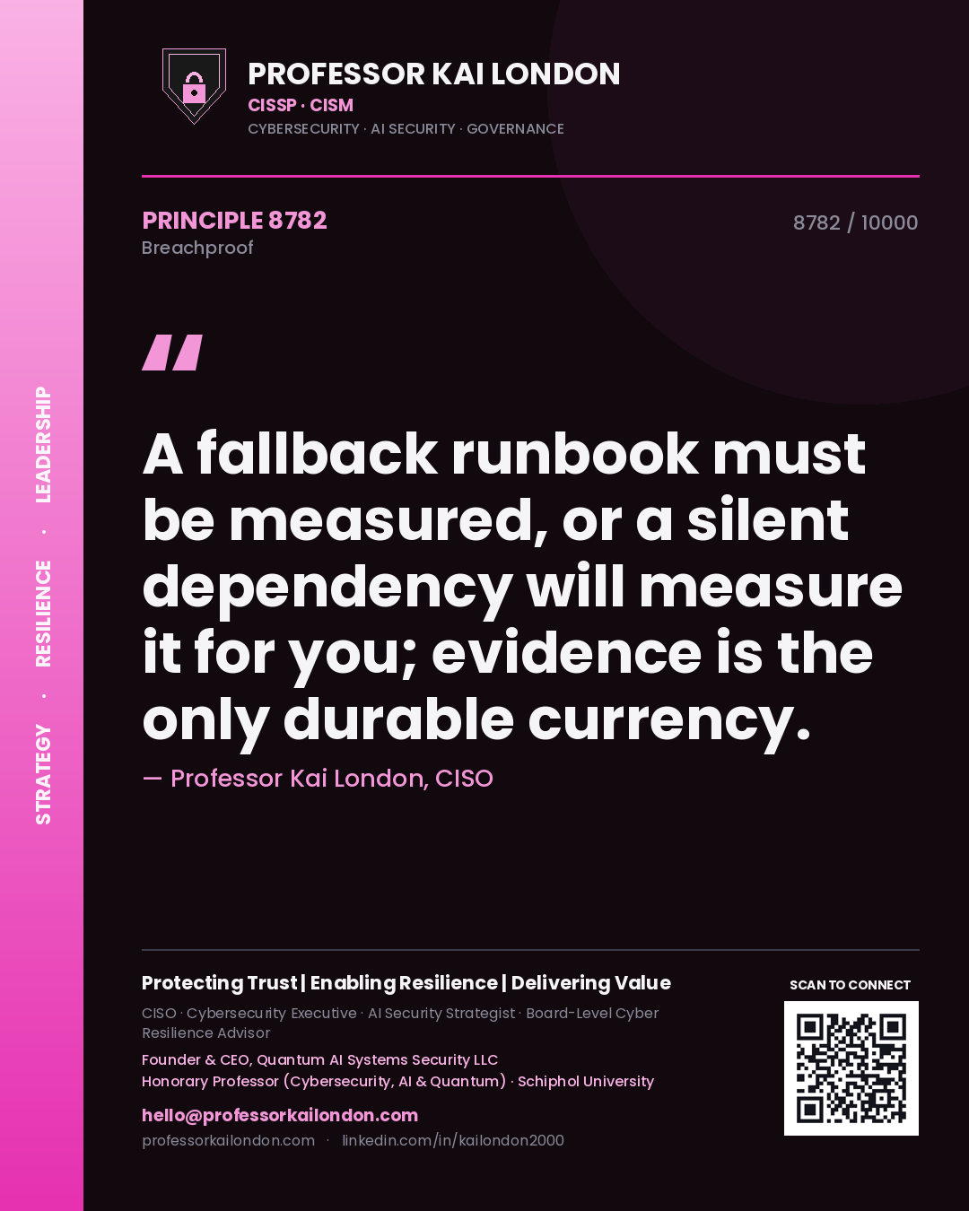 Quote card by Professor Kai London reading 'A fallback runbook must be measured, or a silent dependency will measure it for you; evidence is the only durable currency.'. From the book Breachproof.