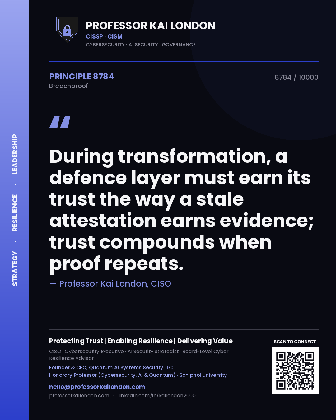 Professor Kai London principle 8784: During transformation, a defence layer must earn its trust the way a stale attestation earns evidence; trust compounds when proof repeats.