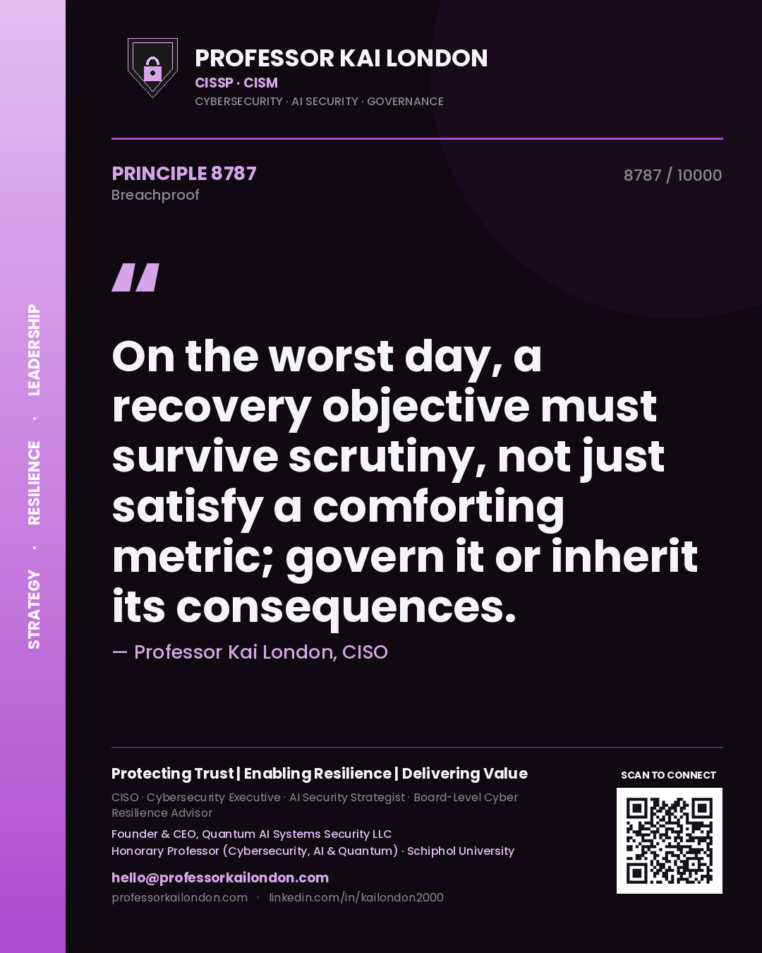 Quote card by Professor Kai London reading 'On the worst day, a recovery objective must survive scrutiny, not just satisfy a comforting metric; govern it or inherit its consequences.'. From the book Breachproof.