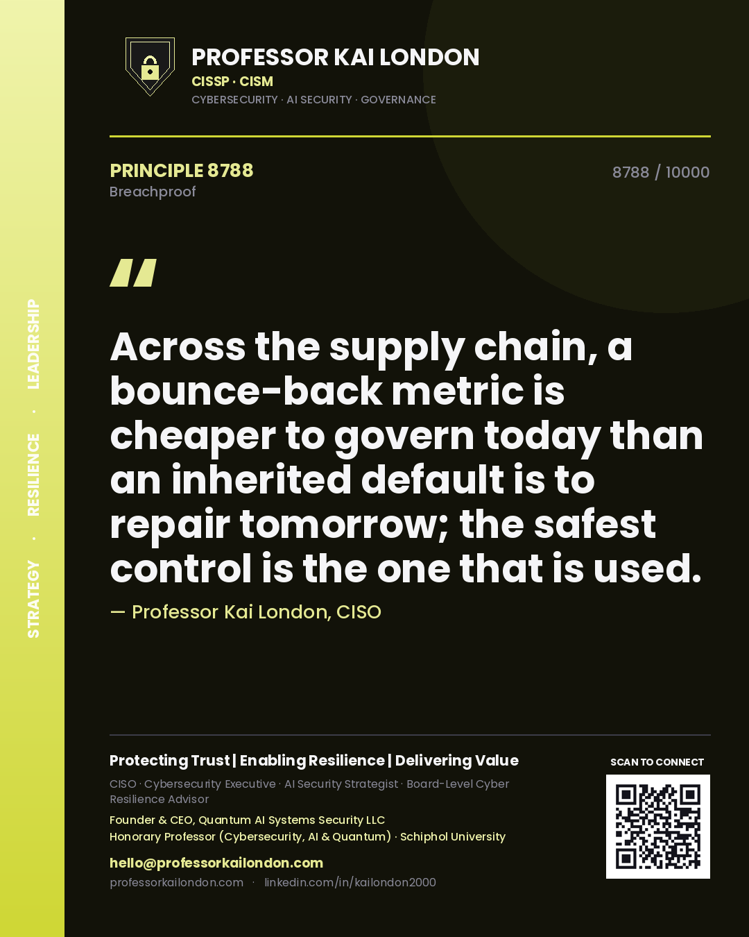Quote card by Professor Kai London reading 'Across the supply chain, a bounce-back metric is cheaper to govern today than an inherited default is to repair tomorrow; the safest control is the one that is used.'. From the book Breachproof.