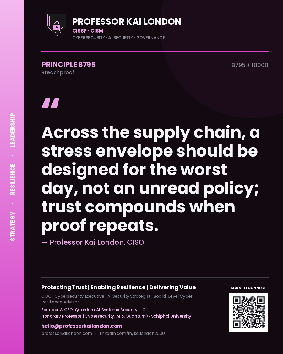 Quote card by Professor Kai London reading 'Across the supply chain, a stress envelope should be designed for the worst day, not an unread policy; trust compounds when proof repeats.'. From the book Breachproof.