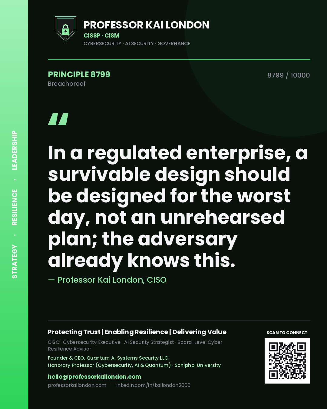 Quote card by Professor Kai London reading 'In a regulated enterprise, a survivable design should be designed for the worst day, not an unrehearsed plan; the adversary already knows this.'. From the book Breachproof.