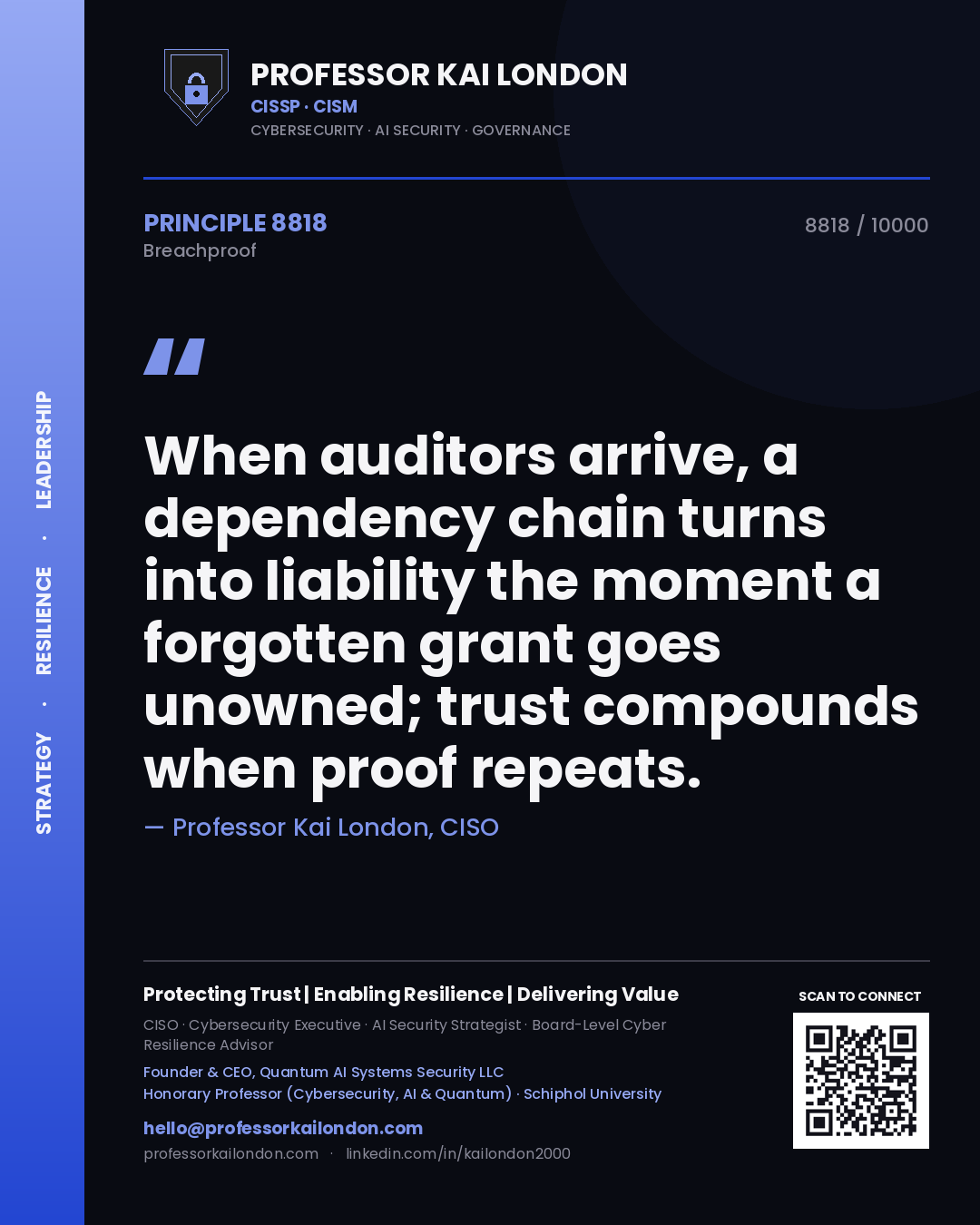 Quote card by Professor Kai London reading 'When auditors arrive, a dependency chain turns into liability the moment a forgotten grant goes unowned; trust compounds when proof repeats.'. From the book Breachproof.