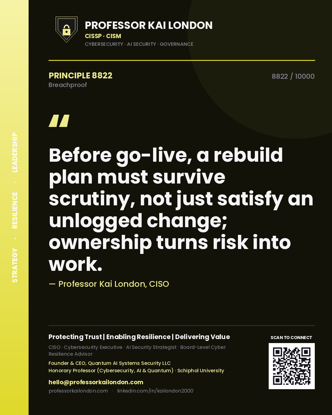 Quote card by Professor Kai London reading 'Before go-live, a rebuild plan must survive scrutiny, not just satisfy an unlogged change; ownership turns risk into work.'. From the book Breachproof.