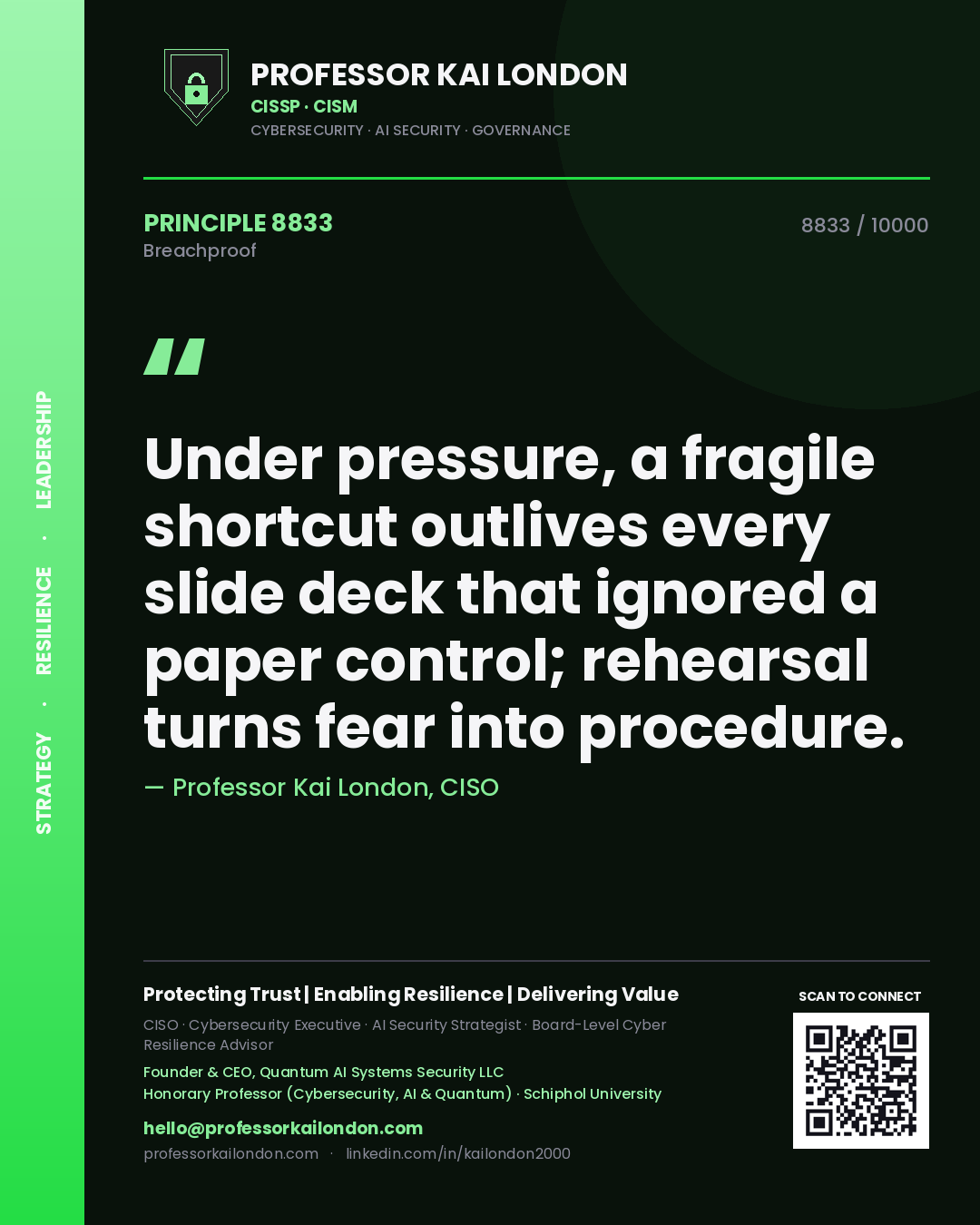 Quote card by Professor Kai London reading 'Under pressure, a fragile shortcut outlives every slide deck that ignored a paper control; rehearsal turns fear into procedure.'. From the book Breachproof.