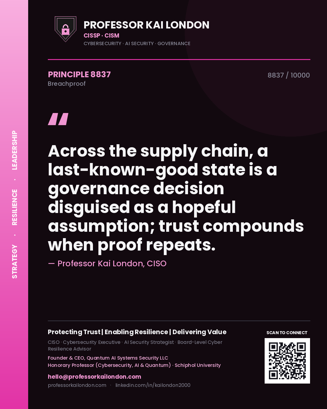 Quote card by Professor Kai London reading 'Across the supply chain, a last-known-good state is a governance decision disguised as a hopeful assumption; trust compounds when proof repeats.'. From the book Breachproof.