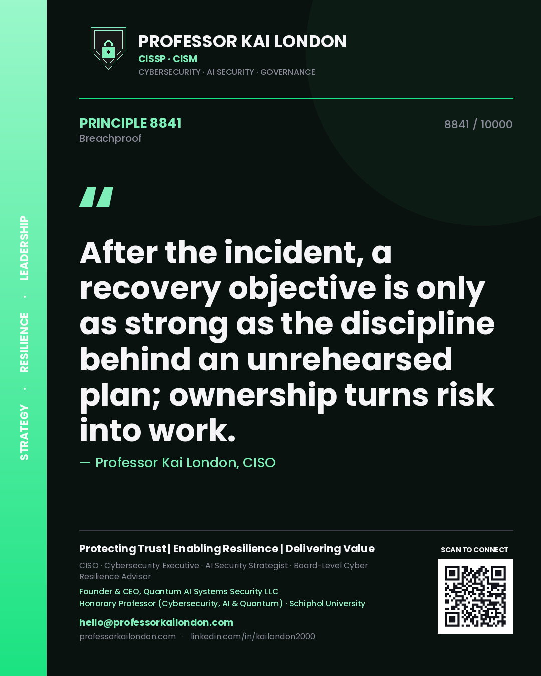 Quote card by Professor Kai London reading 'After the incident, a recovery objective is only as strong as the discipline behind an unrehearsed plan; ownership turns risk into work.'. From the book Breachproof.