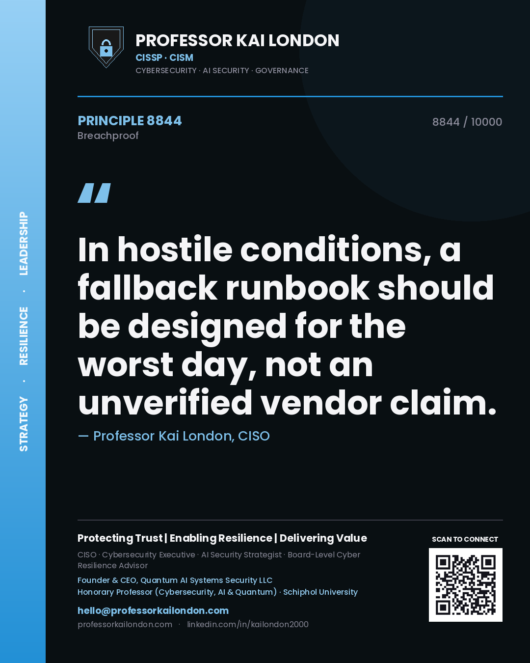 Quote card by Professor Kai London reading 'In hostile conditions, a fallback runbook should be designed for the worst day, not an unverified vendor claim.'. From the book Breachproof.