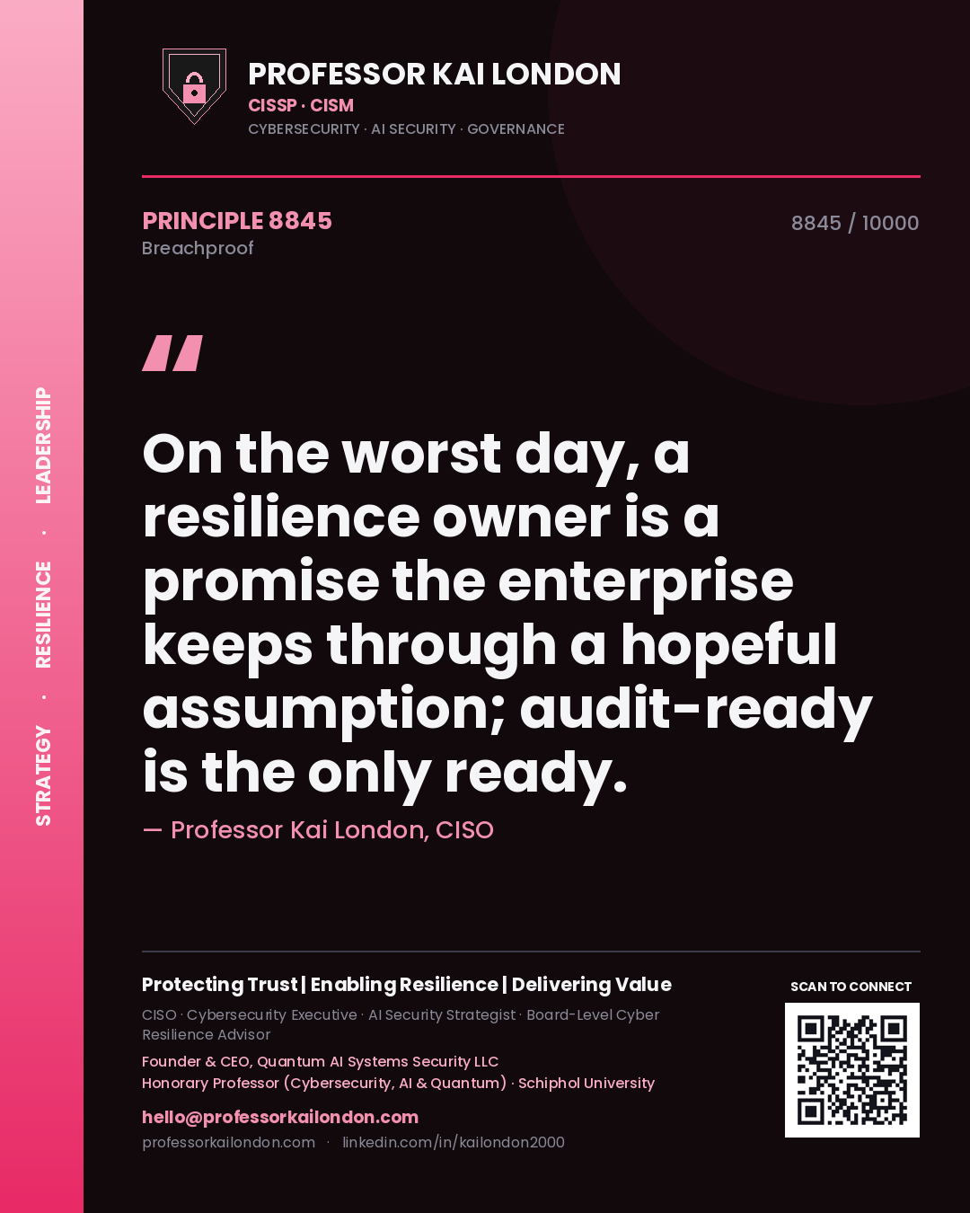 Quote card by Professor Kai London reading 'On the worst day, a resilience owner is a promise the enterprise keeps through a hopeful assumption; audit-ready is the only ready.'. From the book Breachproof.